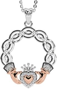 Diamond Rose Gold Silver Celtic Claddagh Necklace