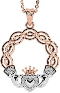 Diamond Rose Gold Silver Celtic Claddagh Necklace