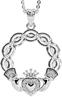 Diamond Silver Celtic Claddagh Necklace