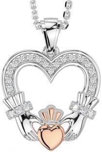 Diamant Rosa Guld Sølv Claddagh Keltisk Hjerte Halskæde