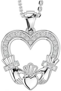 Diamond Silver Claddagh Celtic Heart Necklace