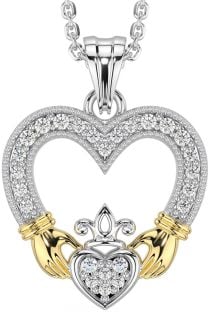 Diamond Gold Silver Claddagh Celtic Heart Necklace