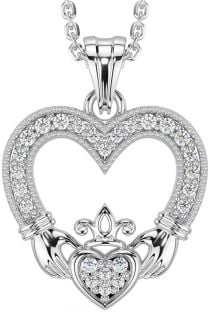 Diamond Silver Claddagh Celtic Heart Necklace