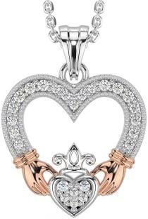 Diamond White Rose Gold Claddagh Celtic Heart Necklace