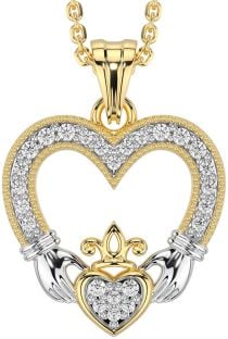 Diamond White Yellow Gold Claddagh Celtic Heart Necklace