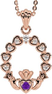 Diamond Amethyst Rose Gold Silver Claddagh Heart Necklace