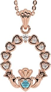 Diamond Aquamarine Rose Gold Silver Claddagh Heart Necklace