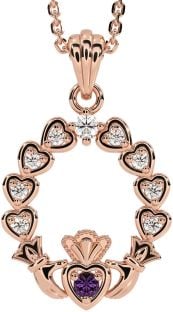 Diamond Alexandrite Rose Gold Silver Claddagh Heart Necklace