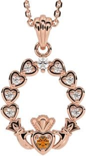 Diamond Citrine Rose Gold Silver Claddagh Heart Necklace