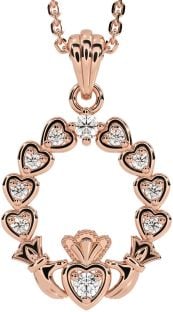 Diamond Rose Gold Silver Claddagh Heart Necklace