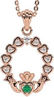 Diamond Emerald Rose Gold Silver Claddagh Heart Necklace