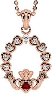 Diamond Garnet Rose Gold Silver Claddagh Heart Necklace