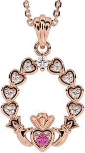 Diamond Pink Tourmaline Rose Gold Silver Claddagh Heart Necklace