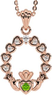 Diamond Peridot Rose Gold Silver Claddagh Heart Necklace
