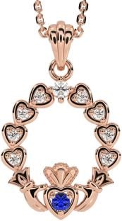 Diamond Sapphire Rose Gold Silver Claddagh Heart Necklace