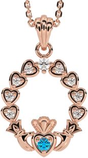 Diamond Topaz Rose Gold Silver Claddagh Heart Necklace