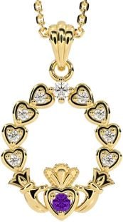 Diamond Amethyst Gold Silver Claddagh Heart Necklace