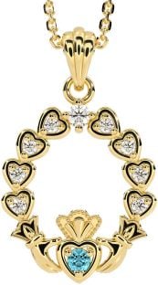 Diamond Aquamarine Gold Silver Claddagh Heart Necklace