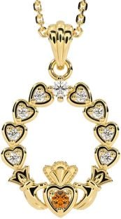 Diamond Citrine Gold Silver Claddagh Heart Necklace