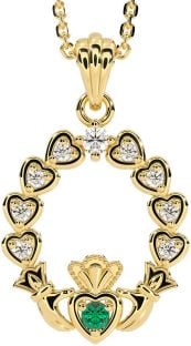 Diamond Emerald Gold Silver Claddagh Heart Necklace