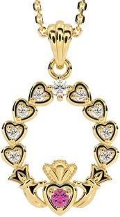 Diamond Pink Tourmaline Gold Silver Claddagh Heart Necklace