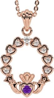 Diamond Amethyst Rose Gold Claddagh Heart Necklace