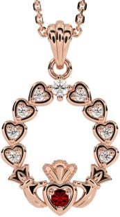 Diamond Garnet Rose Gold Claddagh Heart Necklace