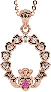 Diamond Pink Tourmaline Rose Gold Claddagh Heart Necklace