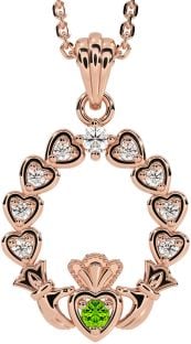 Diamond Peridot Rose Gold Claddagh Heart Necklace