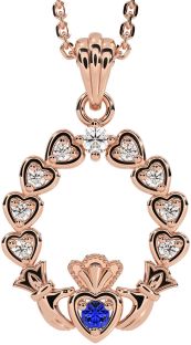 Diamond Sapphire Rose Gold Claddagh Heart Necklace