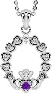 Diamond Amethyst Silver Claddagh Heart Necklace