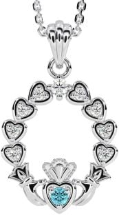 Diamond Aquamarine Silver Claddagh Heart Necklace