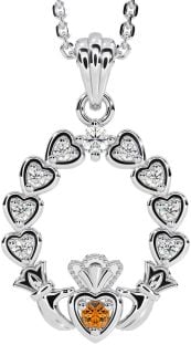 Diamond Citrine Silver Claddagh Heart Necklace