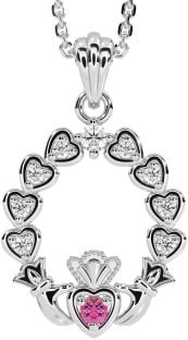 Diamond Pink Tourmaline Silver Claddagh Heart Necklace