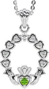 Diamond Peridot Silver Claddagh Heart Necklace