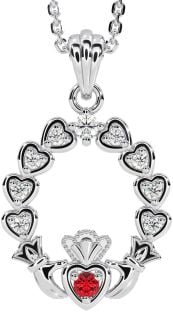 Diamond Ruby Silver Claddagh Heart Necklace