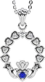 Diamond Sapphire Silver Claddagh Heart Necklace