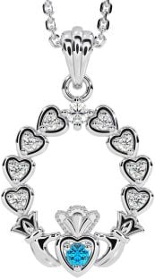 Diamond Topaz Silver Claddagh Heart Necklace