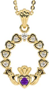 Diamond Amethyst Gold Claddagh Heart Necklace