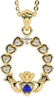 Diamond Sapphire Gold Claddagh Heart Necklace