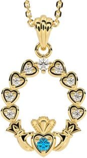 Diamond Topaz Gold Claddagh Heart Necklace