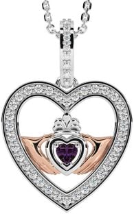 Diamond Alexandrite Rose Gold Silver Claddagh Irish Heart Necklace