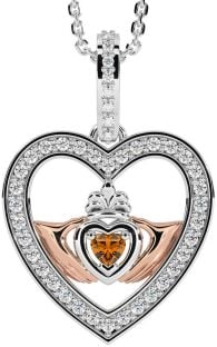 Diamond Citrine Rose Gold Silver Claddagh Irish Heart Necklace