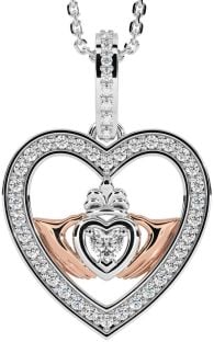 Diamond Rose Gold Silver Claddagh Irish Heart Necklace