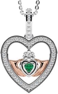 Diamond Emerald Rose Gold Silver Claddagh Irish Heart Necklace