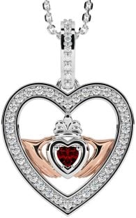 Diamond Garnet Rose Gold Silver Claddagh Irish Heart Necklace