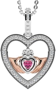 Diamond Pink Tourmaline Rose Gold Silver Claddagh Irish Heart Necklace