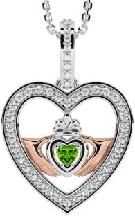 Diamond Peridot Rose Gold Silver Claddagh Irish Heart Necklace