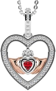 Diamond Ruby Rose Gold Silver Claddagh Irish Heart Necklace