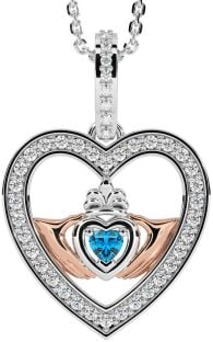 Diamond Topaz Rose Gold Silver Claddagh Irish Heart Necklace